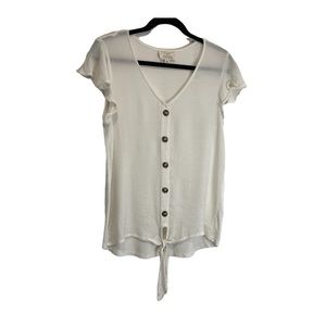 Flower & Feather Faux Button V Neck Tie Knot Short Sleeve Top Off White Womens L